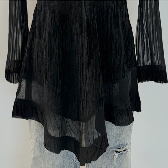 Komarov Beaded Neck Long-Sleeve Tunic Top Crinkled Sheer Fabric Black | Small - Picture 4 of 12